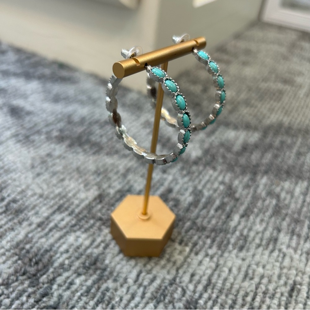 Turquoise Silver Rock Stone Inlay Hoop Southwest County Post Earrings✨ - Picture 7 of 8
